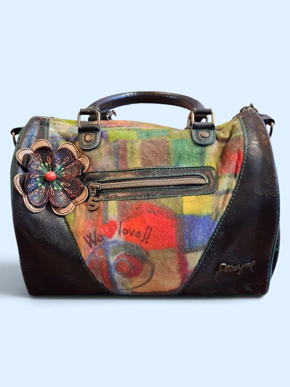 Desigual Multicolor Patchwork Satchel with Brown Trim